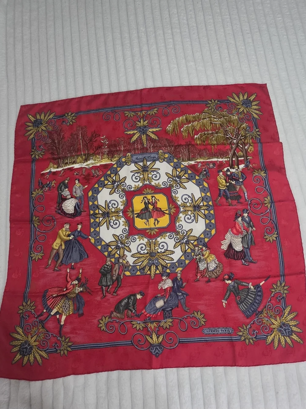 Authentic Hermès Paris “Bal de Glace” Silk Scarf Pink Red Figure Skating Theme M